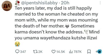 Lady questions karma, laments cheating father’s happy marriage with new wife Lady questions karma, laments cheating father’s happy marriage with new wife